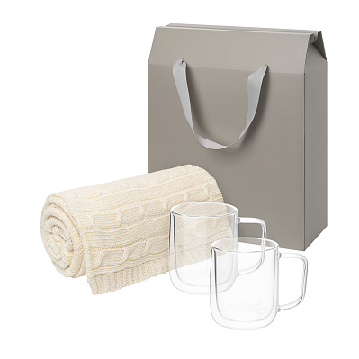 Подарочный набор Viora, Fado в серой коробке-пакете (2 кружки+плед) (Прозрачный, бежевый, серый)