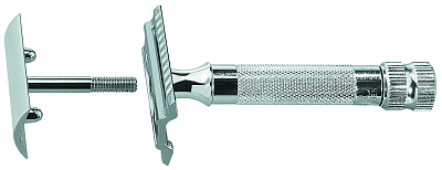 Cтанок Т-образный для бритья MERKUR 34C, глянцевое хромированное покрытие, прямой срез, закрытый гребень, короткая ручка, лезвие в комплекте (1 шт)