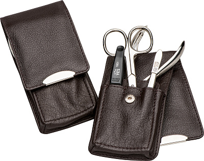 Маникюрный набор YES, 3 пр. Футляр: натуральная кожа, цвет красный (Коричневый)