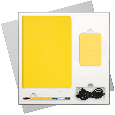 Подарочный набор Latte NEW, желтый (ежедневник, ручка, аккумулятор) (Желтый, серый)