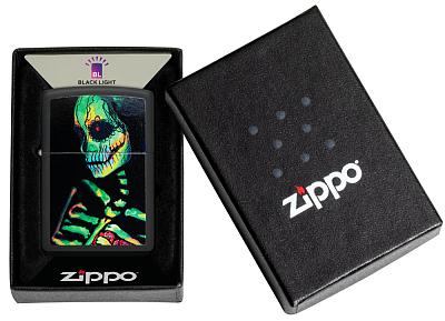 Зажигалка ZIPPO Skeleton Design с покрытием Black Light, латунь/сталь, черная, матовая, 38x13x57 мм