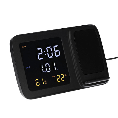 Станция беспроводной зарядки с часами и календарем и подсветкой логотипа Novem, черная