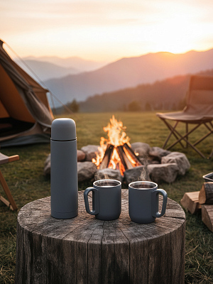 Набор "Гейзер" (термос, 2 кружки), покрытие soft touch, серый