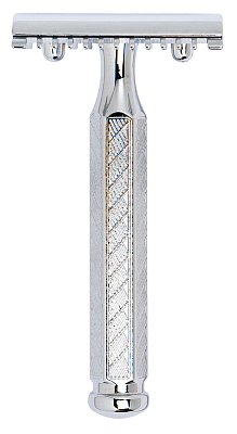 Cтанок Т-образный для бритья MERKUR 41C, глянцевое хромированное покрытие, открытый зубчатый гребень, короткая ручка, лезвие в комплекте (1 шт)