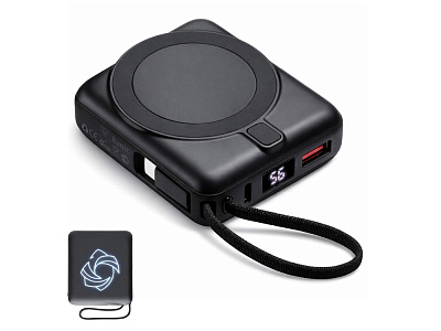 Магнитный беспроводной внешний аккумулятор c подсветкой лого Энчант, 10000 мАч (Чёрный)