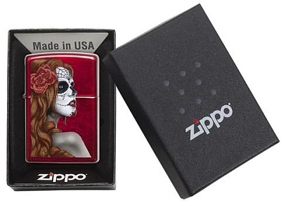 Зажигалка ZIPPO Day of Dead с покрытием Candy Apple Red™, латунь/сталь,красная,глянцевая, 38x13x57мм