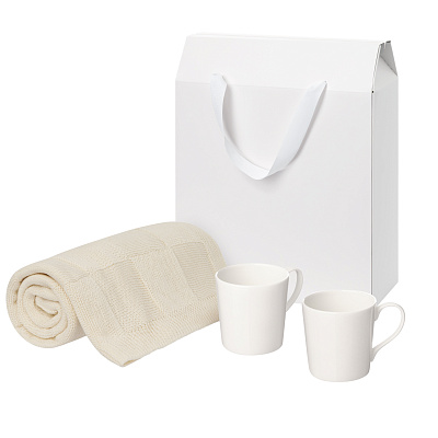 Подарочный набор Siena, Cella, бежевый в коробке-пакете (две фарфоровых кружки, плед) (Белый)